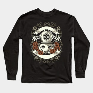 Deep Sea Diver Retro Crest With Roses Long Sleeve T-Shirt